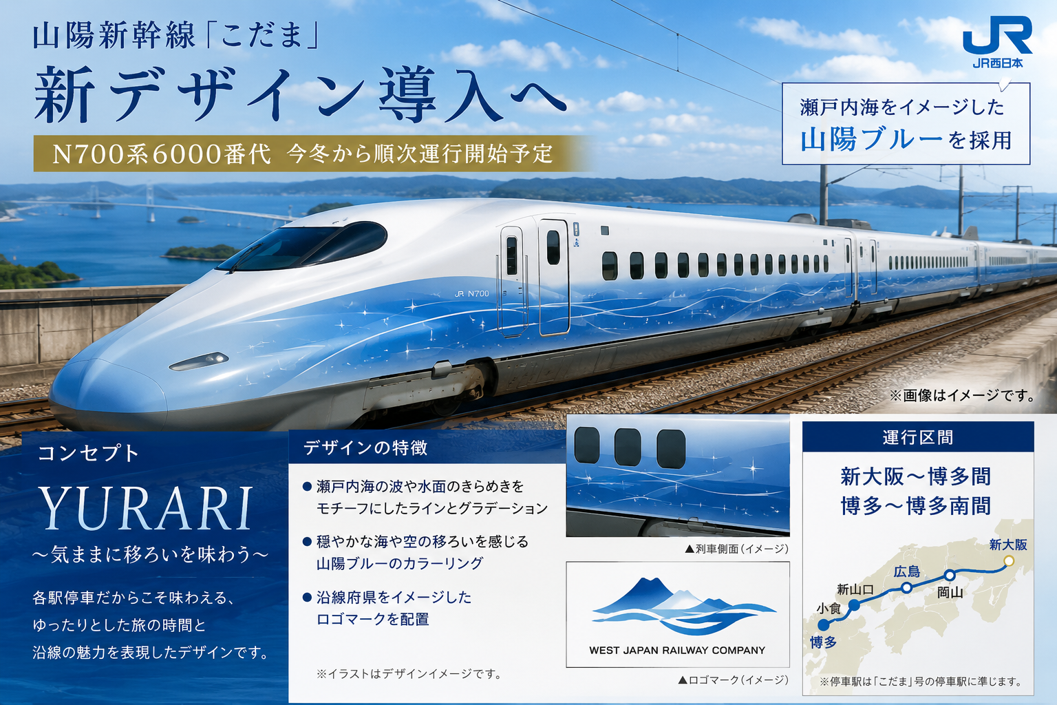 山陽新幹線「こだま」が新デザインへ|瀬戸内海をイメージした“山陽ブルー”を採用